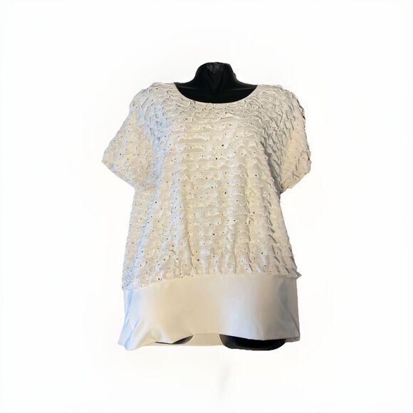 Cato Ruffled Blouse Womens XL Swoop Neck‎ Bling Cap Sleeve 4% Spandex - Picture 2 of 7